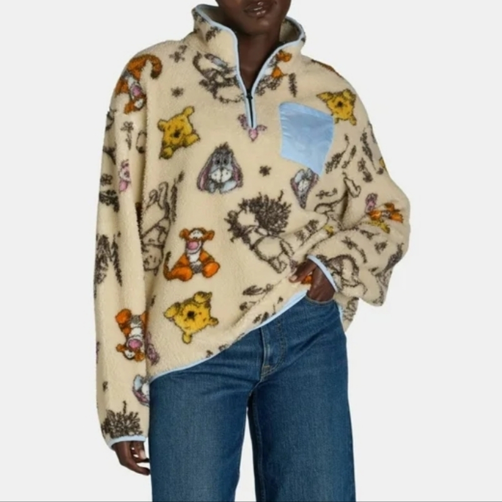 DISNEY WINNIE POOH Cozy Fleece Pullover Quarter Zip Sweater Disneycore Creme L